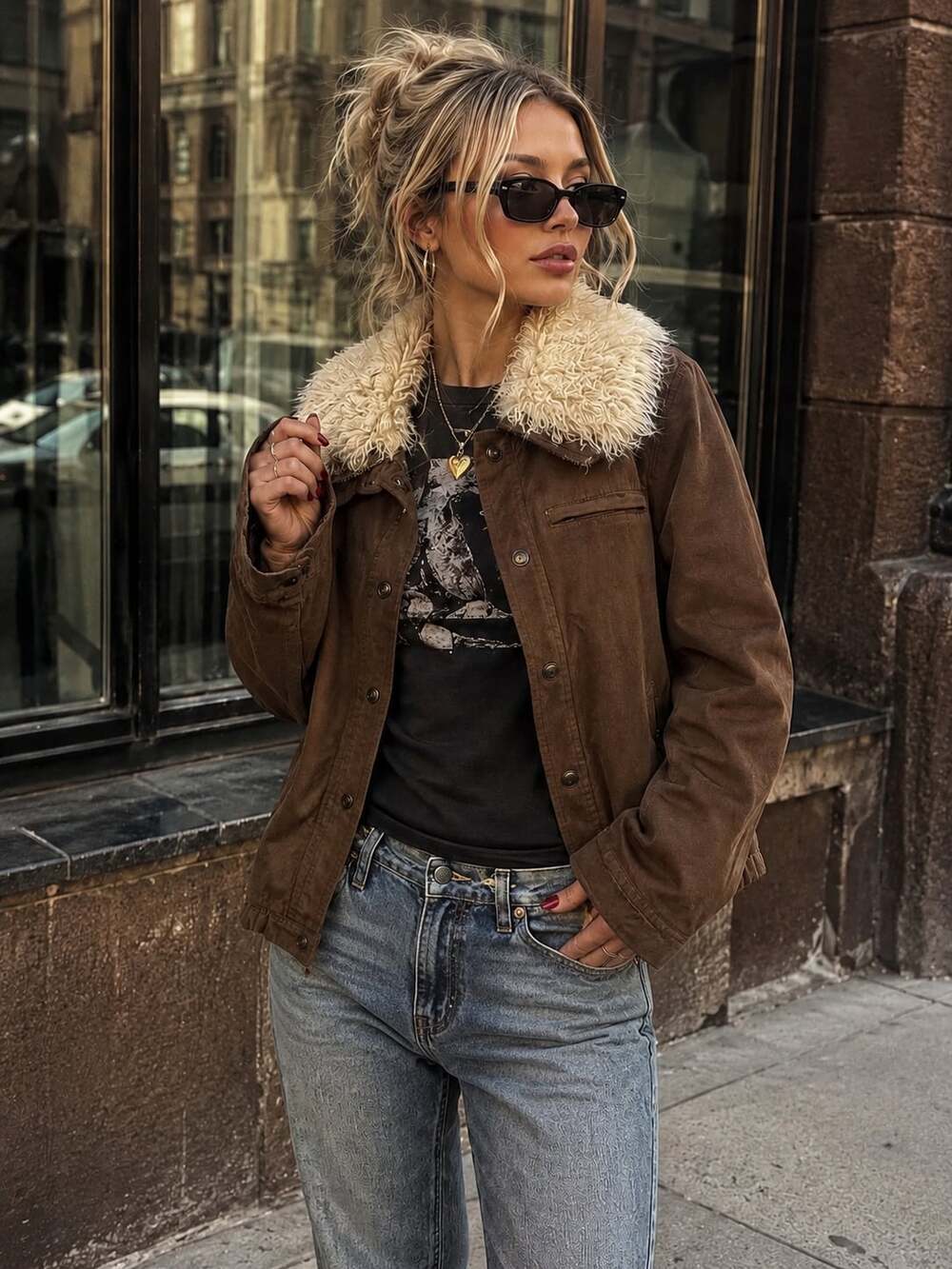 Free People Faux Shearling Lined Utility Jacket Brown Boho Moto Coat Small
